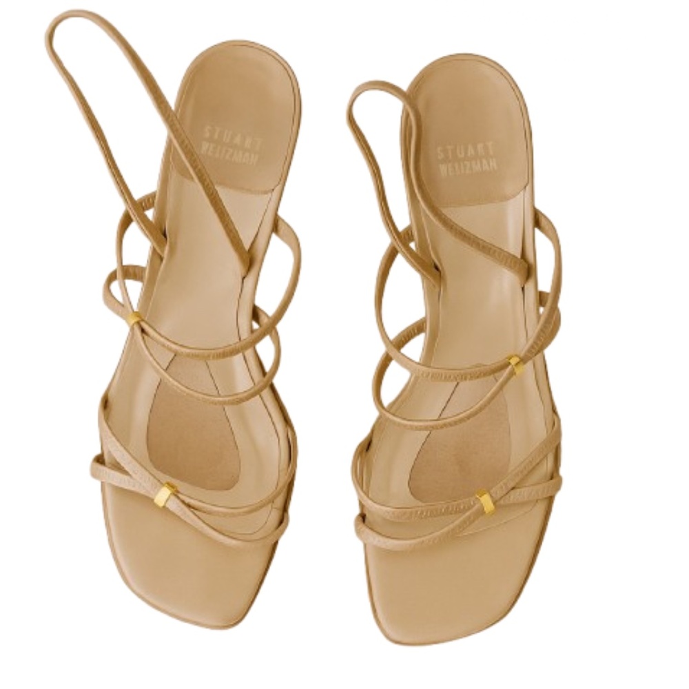 90s Stuart Weitzman Vintage Champagne Gold Accents Strappy Kitten Heel Sandals